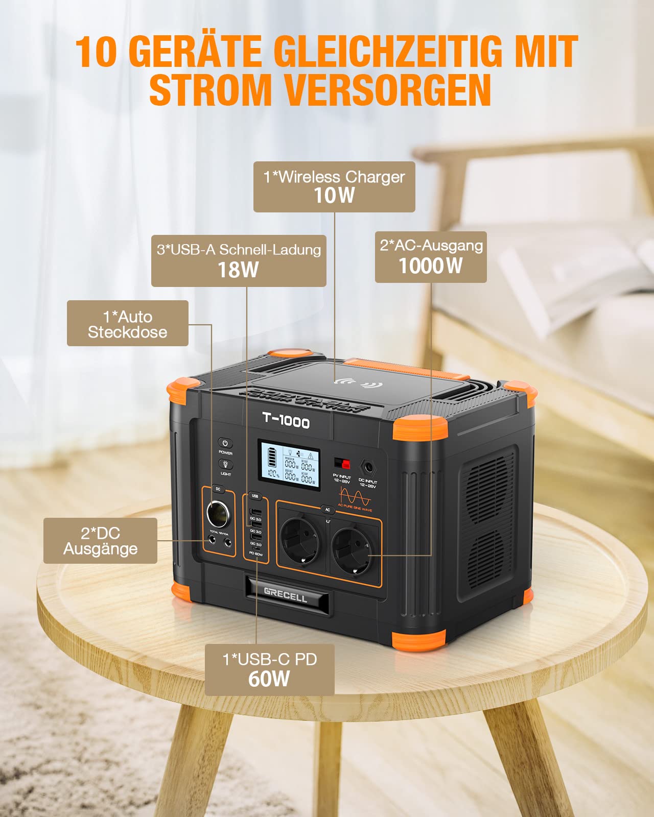 GRECELL Powerstation 1000W, 999Wh Solargenerator, Mobiler Stromspeicher mit AC/DC/USB, Power Station Solar für Camping, Outdoor, Notstrom Notfälle, (T-1000)